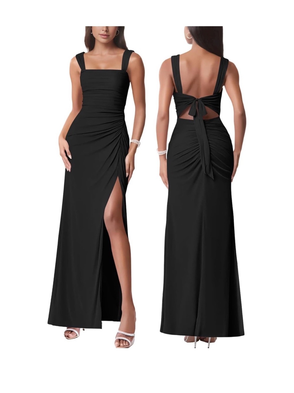 Elegant Black Ruched Maxi Dress with Back Tie